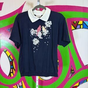Morning Sun, Blue Polo T-Shirt with White Collar and Butterfly Design. Size Med!